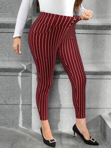 SHEIN Clasi Plus Size Women's Striped Button Decor Skinny Pants, Suitable For Work And Commute - Burgundy - View 5