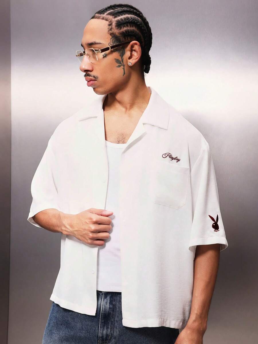 PLAYBOY X SUMWON Bunny Embroidered Boxy Fit Short Sleeve Reviere Collar Shirt Summer Button Down Top - Beige - View 1