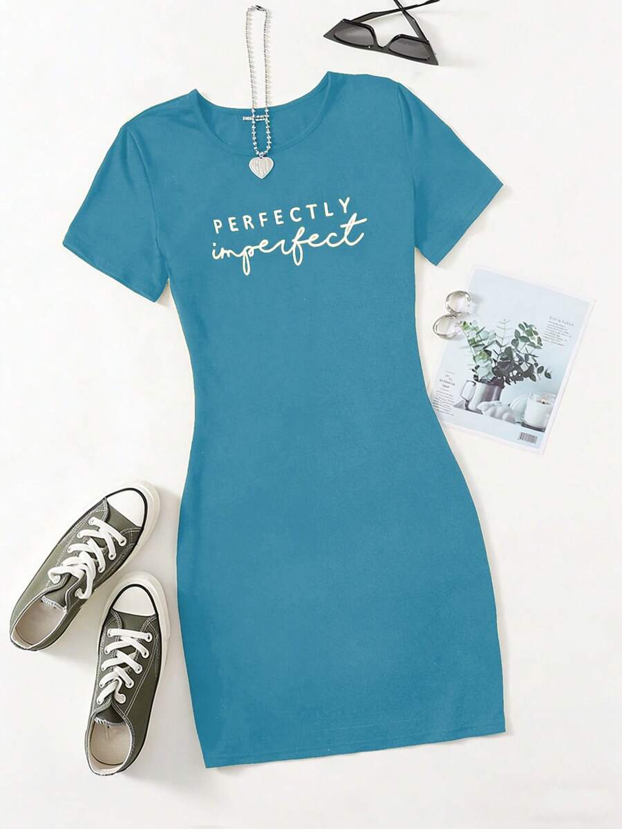 SHEIN Unity Letter Print Casual Round Neck Short Sleeve Summer Versatile Dress - Blue - View 1