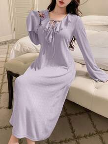 DAZY Lace Patchwork Ruffle Hem Waist Cinched Long Sleeve Dress, Spring/Autumn Women Loungewear - Purple - View 5