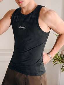 SWAVVY Men's Slim Fit Black Sleeveless Tank Top With Embroidered Logo, Summer - Black - View 4