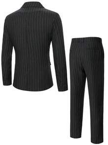 Manfinity Mode 男士做旧条纹长袖西装套装，商务绅士套装，男士经典款，适合日常休闲、周末旅行、户外活动、探险旅行、轻松的工作环境或半正式场合，可作为男友/丈夫礼物、周年纪念/生日礼物、派对、夏季假期、婚礼、春夏、复活节等场合穿着。另有男士优雅黑色细条纹西装，配披肩领和马甲，适合正式场合穿着。男士细条纹西装，男士礼服套装，男士黑色西装。 - 黑色 - 查看 2