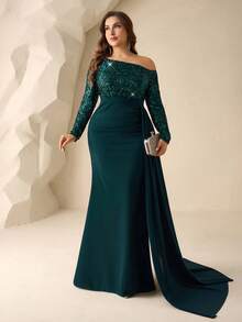 Coutiva 大码优雅亮片拼接不对称领正式晚礼服 - 墨綠色 - 查看 7