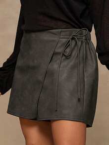 Freevana Plus Size Solid Color Tie-Up Wrap Summer Shorts - Dark Grey - View 2