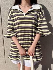 FRIFUL Women's Polo Collar Ruffle Hem Loose Colorful Striped Patchwork Short Sleeve T-Shirt, Summer Oversized Graphic Tees Women - Multicolor - View 6