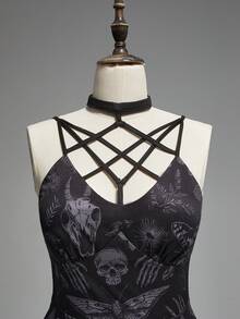 ROMWE Đầm đen không tay in hình đầu lâu Gothic, bướm đêm, bướm ngày, nấm, cây cối, ngôi sao năm cánh. - màu đen - Xem 9