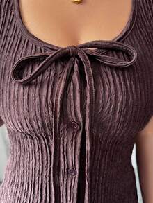 SHEIN Elenzya 女士优雅通勤休闲度假时尚针织纹理蝴蝶结无袖上衣，圆领纽扣闭合，棕色 - 鏽棕色 - 查看 6