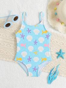 SHEIN 女婴沙滩连体泳衣，可爱蓝色海洋生物和贝壳印花，针织面料，时尚优雅，适合游泳、夏季度假、海滩、泳池、假日派对等场合。 - 彩色 - 查看 1