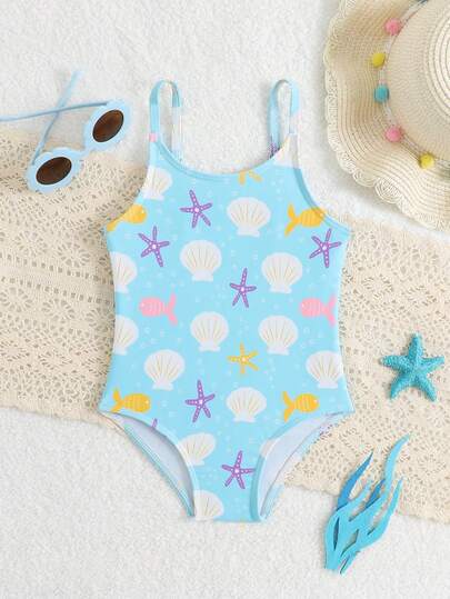 SHEIN 女婴沙滩连体泳衣，可爱蓝色海洋生物和贝壳印花，针织面料，时尚优雅，适合游泳、夏季度假、海滩、泳池、假日派对等场合。