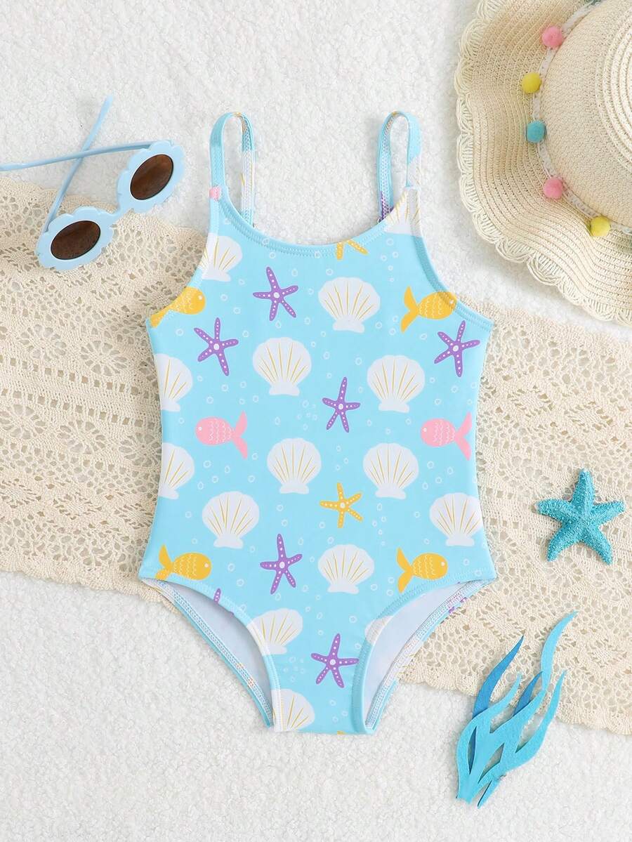 SHEIN 女婴沙滩连体泳衣，可爱蓝色海洋生物和贝壳印花，针织面料，时尚优雅，适合游泳、夏季度假、海滩、泳池、假日派对等场合。 - 彩色 - 查看 1
