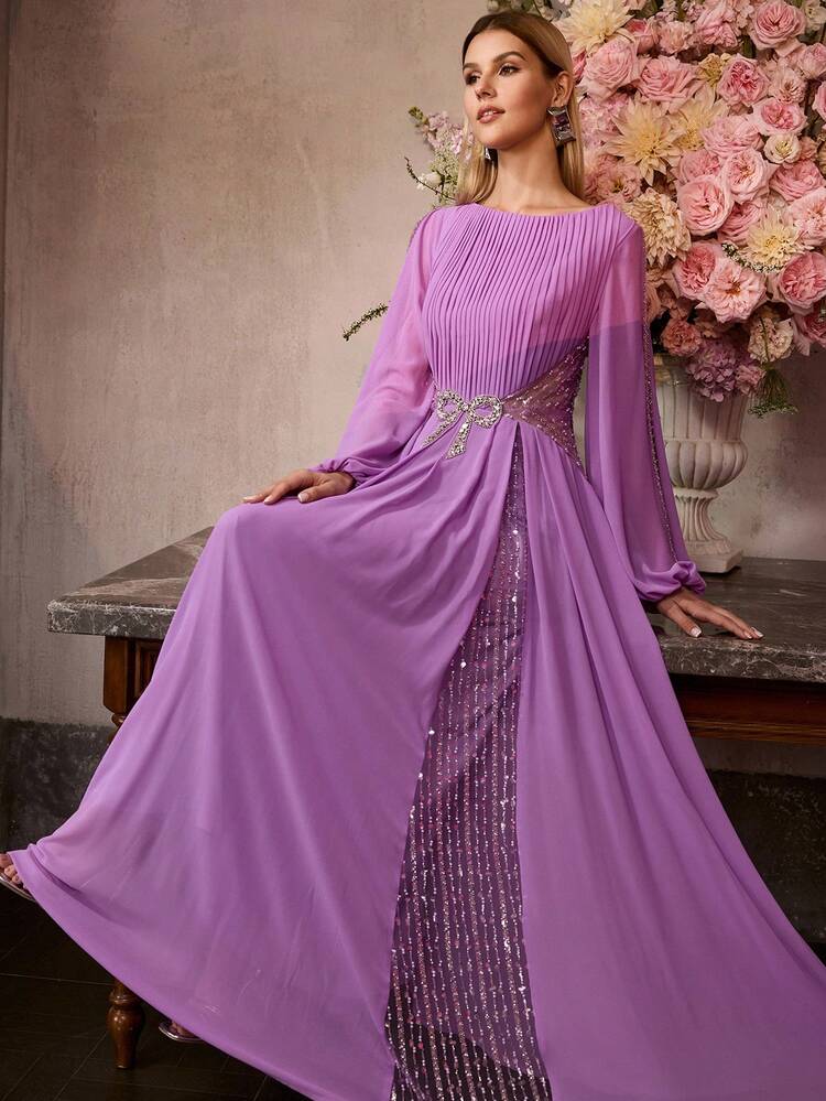 WOMEN'S NEW TARO PURPLE CHIFFON BEADED LONG SLEEVE FORMAL DRESS, FLOWING AND ELEGANT LONG EVENING GOWN