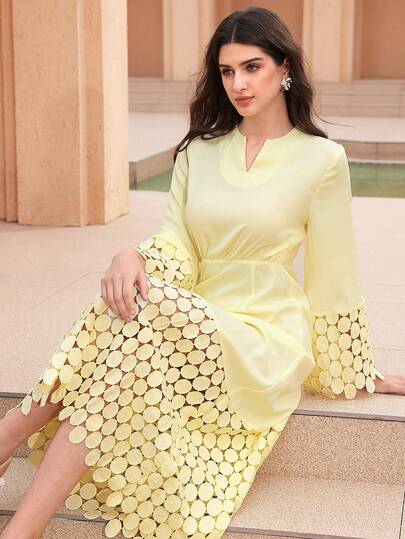 Graceveil V-Neck Hollow-Out Patchwork Long Sleeve Waist Flared Hem Arabic Style Dress For Women