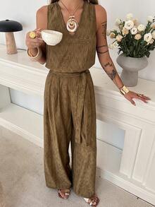 Livesso Halter Neck Textured Waist Sleeveless Jumpsuit For Women, Vacation - Green - View 3