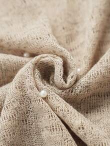 Ellevyn 夏季杏色亮面雪纺圆领短袖时尚金属装饰修身连衣裙（女款） - 杏色 - 查看 5