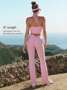 GLOWMODE 31" FeatherFit™ Cheeky Flare Buttery-Soft Sweat-Wicking Stretchy Adjustable Drawstring Waist Peekabum Design Flare-Leg Leggings Low Impact Yoga Pilates Studio Gym Daily Active Wear - Pink - View 3
