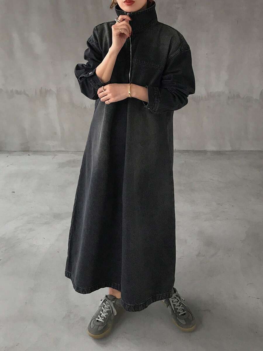 FRIFUL Women's Casual Long Denim Dress, Spring/Autumn - Grey - View 1