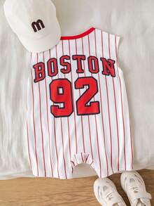 SHEIN Unisex Baby Cute Red Sleeveless Romper Jumpsuit Baseball Jacket, Spring/Summer Baby Boy Clothes, Outfits - Red - View 3