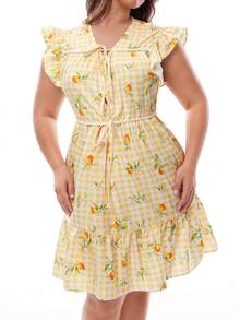 Solavibe 大码女式休闲度假短袖系带A字印花连衣裙，春夏款 - 黃色 - 查看 5
