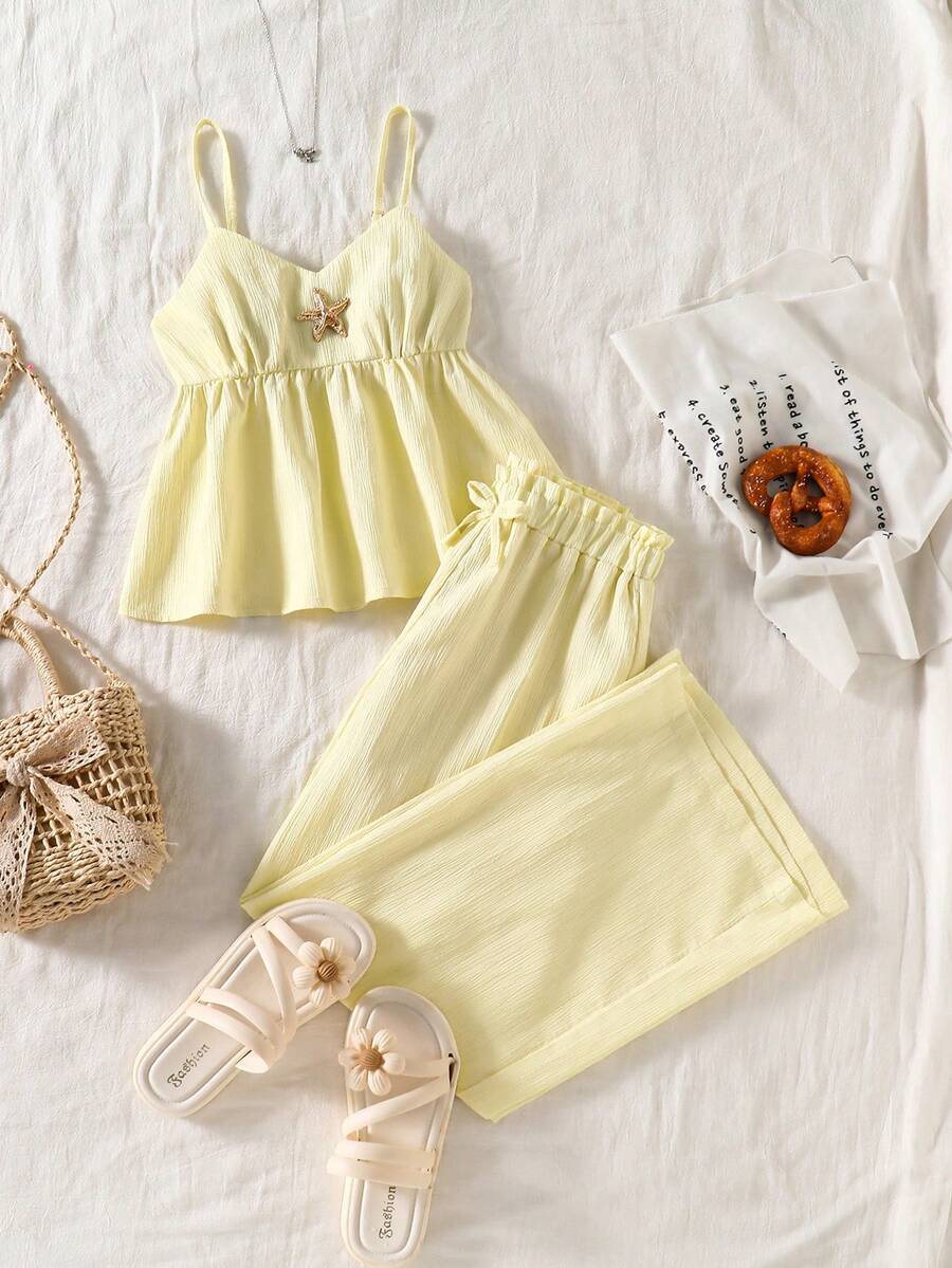Tween Girls Casual Basic Vacation T-Shirt Set, White Spaghetti Strap Loose Lace Trim Top And White Wide Leg Pants White Outfit - Yellow - View 1