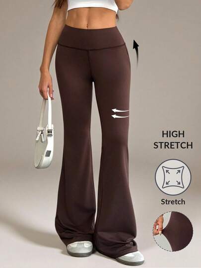 SHEIN Tall Women's High Waist Elastic Yoga Pants, Slimming Fitness Leggings Burgundy Purple Brown  Casual Outfit For Women