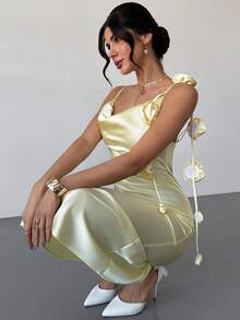 Firerie 女士优雅简约精致浪漫性感端庄宴会假日派对约会婚礼宾客生日派对度假深V露背3D印花奶油黄连衣裙 - 淡黃色 - 查看 9