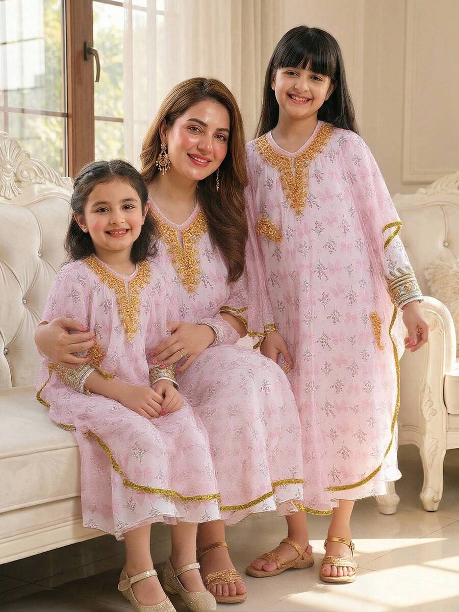 少女两件套中东风格长袍套装，杏色长袖童装，节日服装 - 粉色 - 查看 1