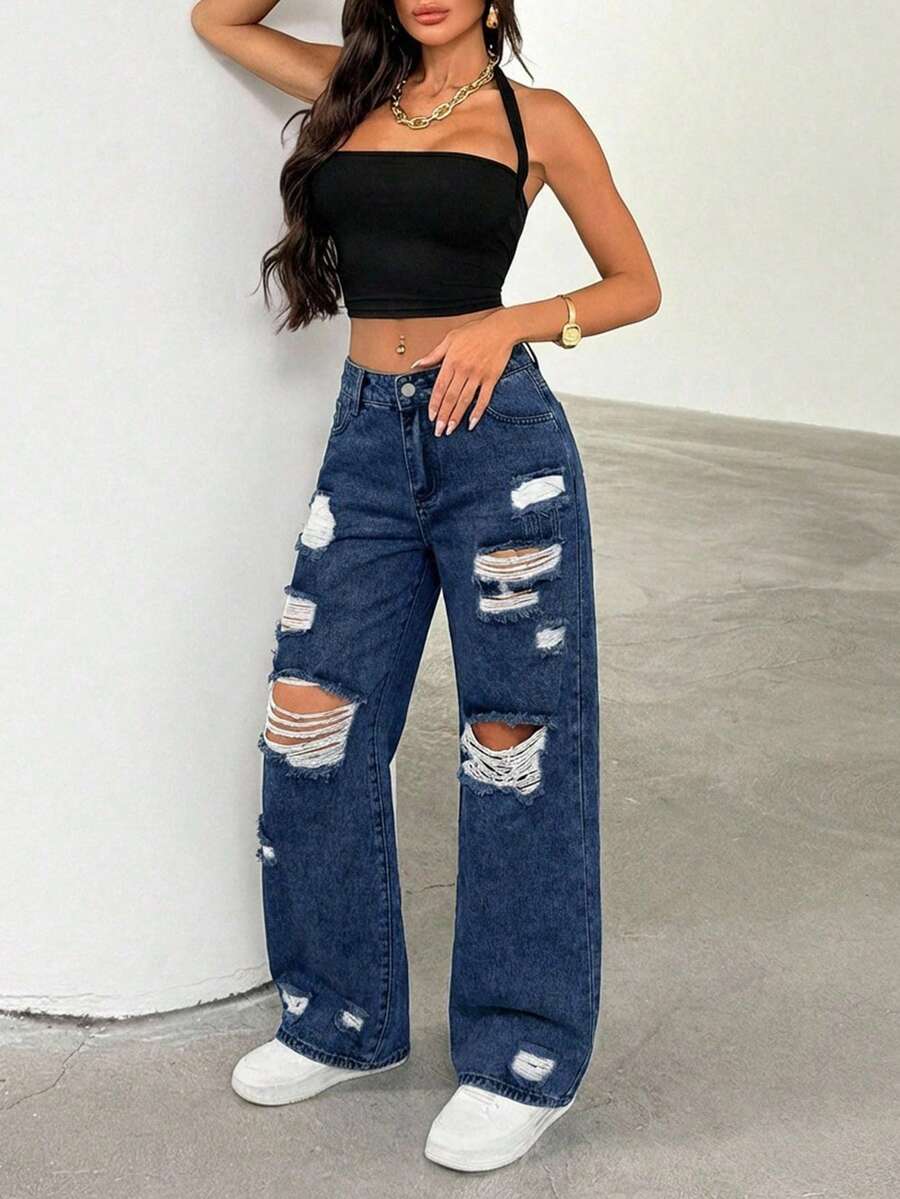 SHEIN Tall Women's Casual Fashion Street Chic Daily Commute Distressed Loose Straight Leg Jeans - Royal Blue - View 1