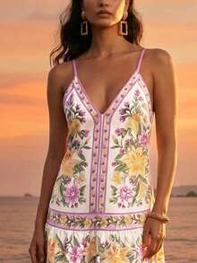 CAJUNI 女士印花荷叶边性感时尚吊带度假连衣裙 - 彩色 - 查看 3