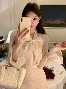 DAZY 春夏网纱荷叶边拼接休闲办公装格纹鸡尾酒会婚礼宾客连衣裙，优雅修身喇叭下摆中长连衣裙，女士吊带裙 - 米色 - 查看 4