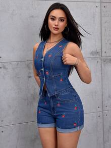 SHEIN ICON Chaleco vaquero de mujer casual y versátil con bordado de cerezas y lavado ligero - Azul lavado medio - Ver 6