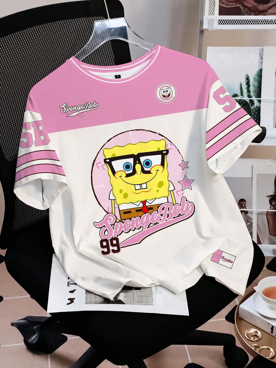 SpongeBob SquarePants | SHEIN Áo thun nữ tay ngắn cổ tròn phối màu, kiểu dáng thời trang mùa hè, in họa tiết, phong cách thường ngày. - trắng - Xem 1