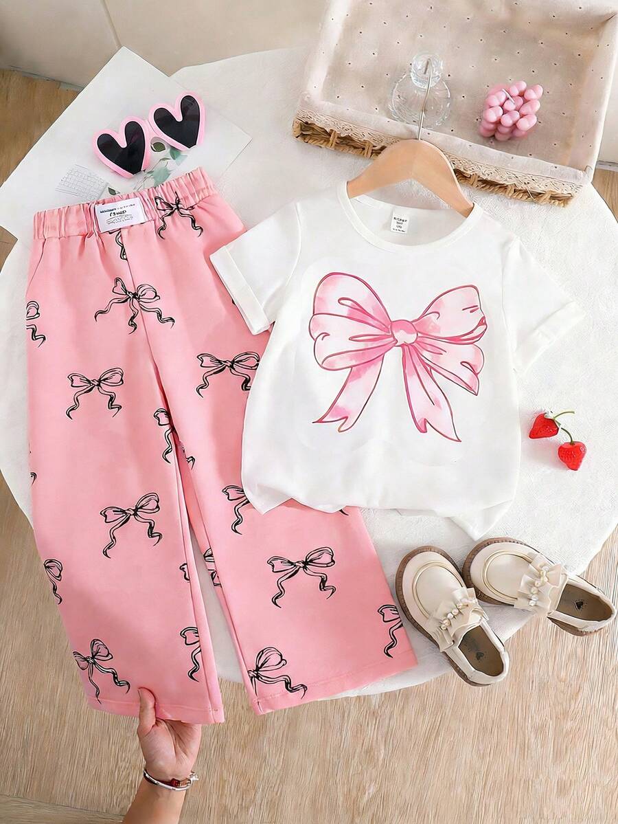 Sparklyn Tween Girl Casual Cute Plaid Cherry Print T-Shirt And Pants Set - Multicolor - View 1