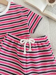 LMoss Kids Bộ 2 món áo thun cổ tròn kẻ sọc dệt kim cho bé gái và quần short - Nhiều màu - Xem 6