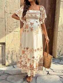 SHEIN Maternity Square Neck Ruffle Hem Vintage Fashion Summer Dress Boho Women Vacation Mediterranean Style Mexican Italian Clothes - Multicolor - View 7
