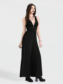 Breakform 女士性感哥特风深V领腰部褶皱网纱拼接金属十字架修身连体裤 - 黑色 - 查看 4