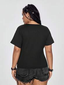 ROMWE Grunge Punk Áo thun tay ngắn ôm sát cơ thể cỡ lớn, thiết kế lưới xuyên thấu phối ren, chất liệu punk metal. - màu đen - Xem 5
