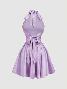 SHEIN MOD 女士纯色露背扭结褶皱吊带迷你连衣裙，秋季女装，连衣裙，感恩节礼服，优雅派对礼服，婚礼宾客礼服，舞会礼服，正式礼服，晚礼服，时尚婚礼 - 紫色 - 查看 2