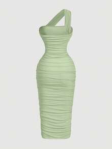 SHEIN X Belle Mariano SHEIN MOD 女士复古不对称荷叶边无袖连衣裙 - 綠色 - 查看 2
