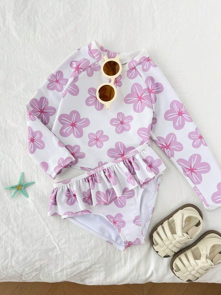 Young Girl Floral Print Round Neck Long Sleeve Top And Ruffle Trim Triangle Bikini Set Set