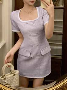 DAZY Women's Elegant Contrast Trim Button Decor Short Sleeve Dress Sundress - Pink - View 7