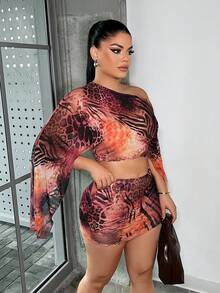 SHEIN SXY 女士豹纹斑马纹不对称领上衣和迷你裙两件套 - 彩色 - 查看 5