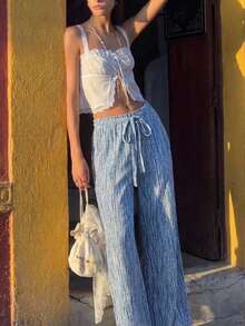 SHEIN MOD Quần ống rộng kiểu vintage dành cho nữ, thắt nơ eo, thoải mái và thanh lịch, thời trang, quần ống rộng nữ, quần nơ, quần đi nghỉ mát, phong cách Boho, xuân/hè, ngày Valentine, quần đi biển cho nữ, kỳ nghỉ hè, quần vải lanh, quần ống rộng, quần mùa hè, quần thường ngày cho nữ - Xanh và trắng - Xem 4