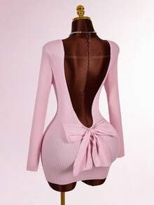 Amplova Women's Backless Bow Tie Mini Long Sleeve Dress, Red Sexy Sweater Suitable For Dates, Valentine's Day Parties, Casual And Sexy Daily Wear - Pink - View 7