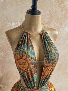 Soleia Women's Halter Tie Backless Ruched Sunflower Print Sexy Romper For Vacation, Date, Outing - Multicolor - View 5