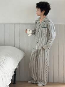DAZY Tween Boy Comfortable Striped Button-Front Shirt And Pants Pajama Set, Autumn - Green - View 4