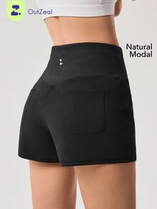 OutZeal Quần short thể thao nữ màu đen, kiểu dáng thường ngày, chất liệu mềm mại, cạp cao, có túi sau. - màu đen - Xem 1