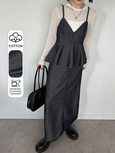 FRIFUL 女士纯色休闲吊带露背开衩牛仔连衣裙