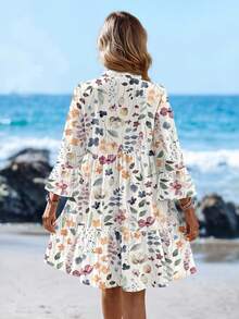Sylviya Casual Simple Small V-Neck Three-Quarter Sleeve Retro Floral Print Floral Pattern Women's Short Skirt, Suitable For Autumn And Winter Chic Dress,Vacation - Multicolor - View 2