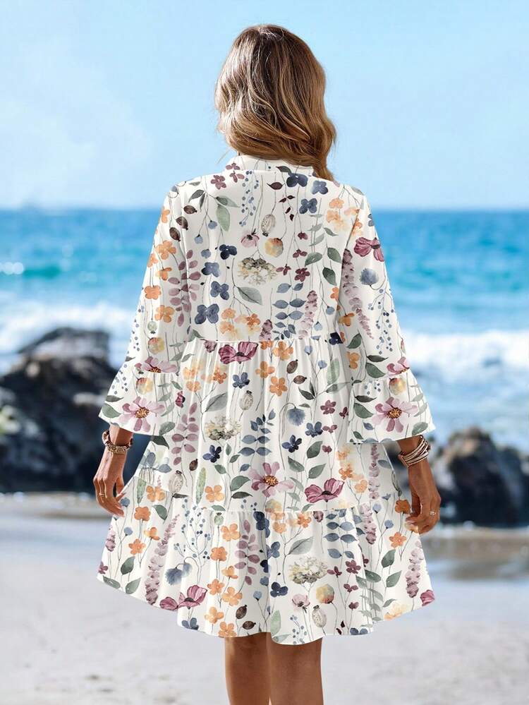 Casual Simple Small V-Neck Three-Quarter Sleeve Retro Floral Print Floral Pattern Women's Short Skirt, Suitable For Autumn And Winter Chic Dress,Vacation,Summer Dresses For Women