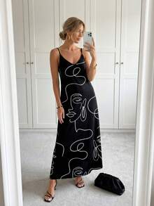 Easowa Đầm dài nữ in họa tiết chân dung, chất liệu co giãn, kiểu dáng thoải mái và thời trang, phù hợp cho mùa hè, phong cách bohemian, thích hợp đi chơi, đầm thanh lịch, đầm thường ngày. - Nhiều màu - Xem 7